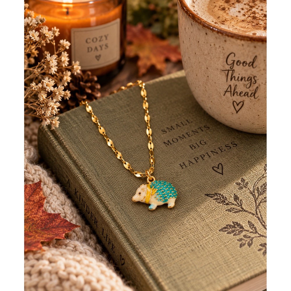 Turquoise Hedgehog Necklace Gold Tone Enamel Woodland Animal Jewelry
